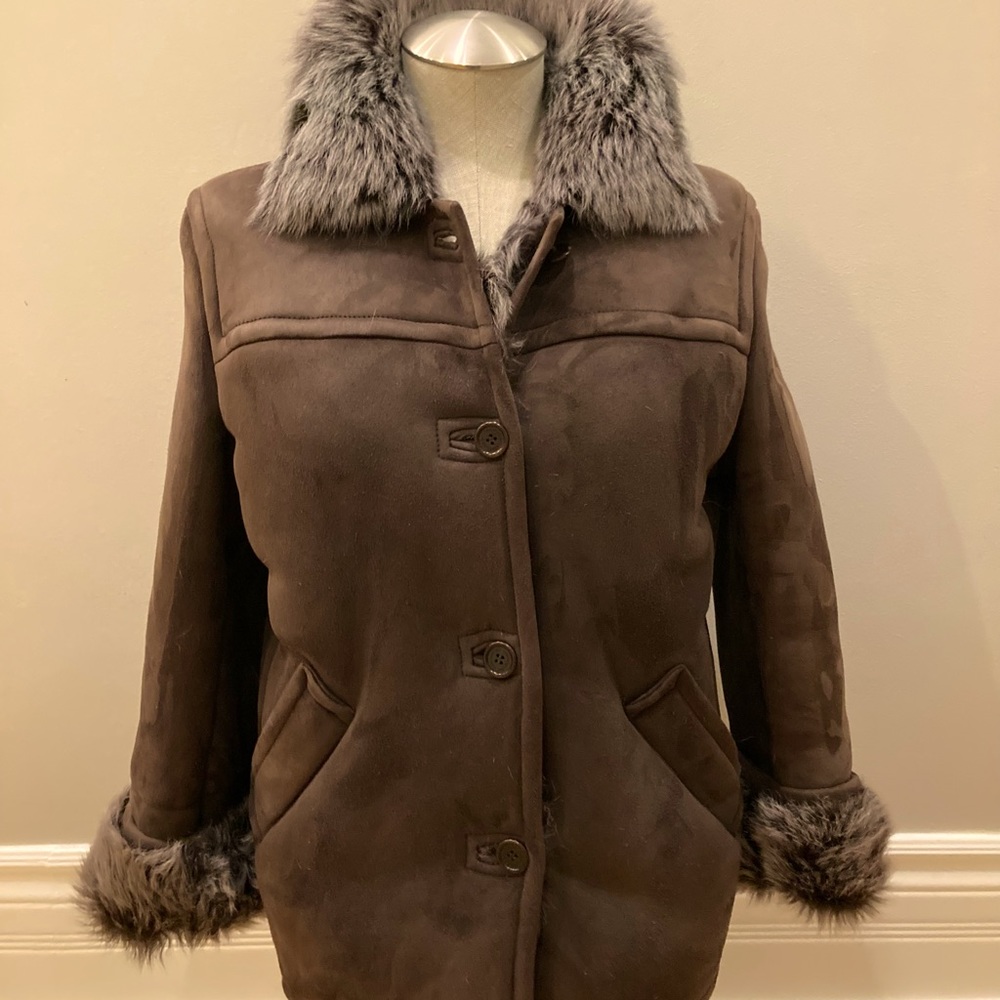 Coach XS-3/4 length brown suede winter coat. Faux fur lining, collar and sleeves